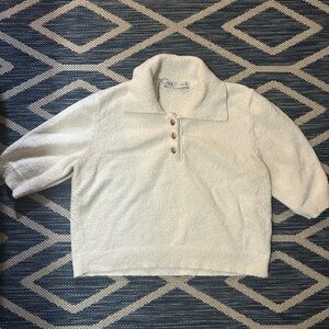 Zara Cream Textured Button Collar Pullover